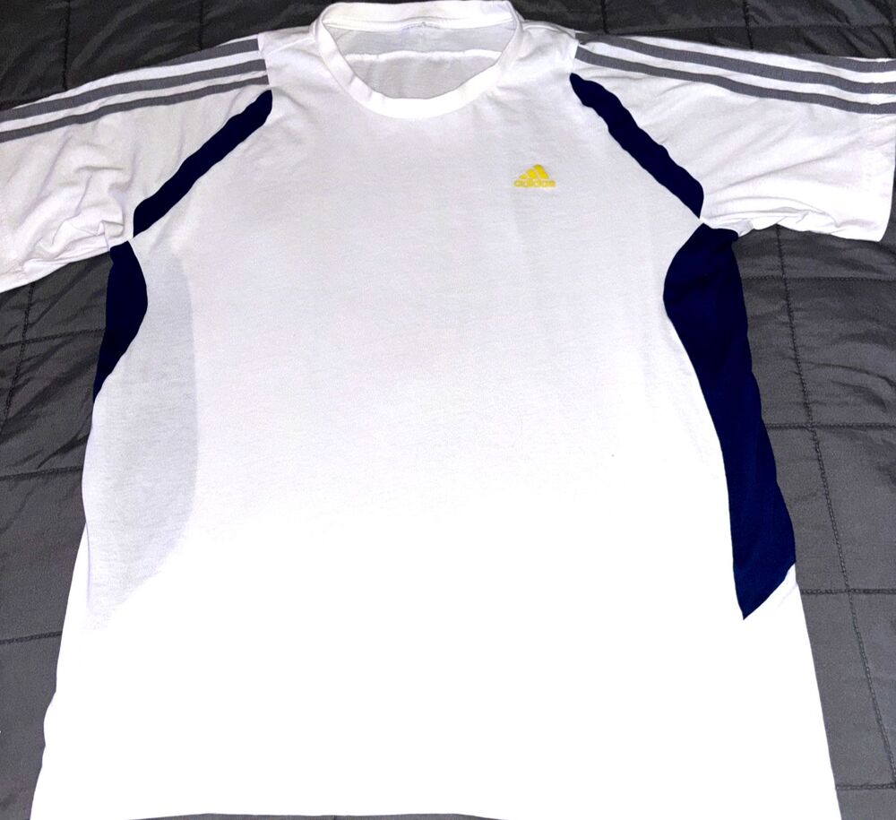 Men's Adidas Active 360 Athletic 3 Stripes Short Sleeve Shirt White/Blue Medium - Picture 2 of 5